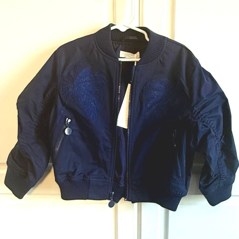 NWT Stella McCartney Girls Blue Embroidered Palm Tree Bomber Jacket in Navy blue
